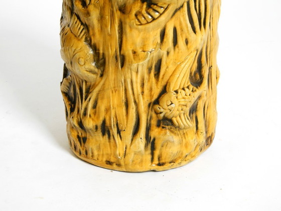 Image 1 of Beautiful large handmade glazed ceramic floor vase, handled vase with maritime fish and starfish motifs | Mid Century Modern