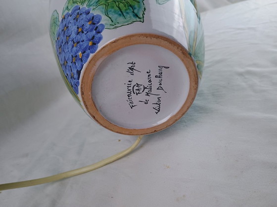 Image 1 of Signed FAM Faïencerie d’Art de la Malicorne Victor Deschang French Vintage Handmade Ceramic Table Lamp Floral Blue Design – 1960