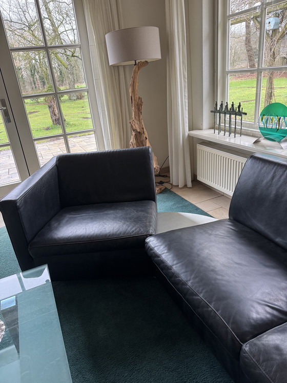 Image 1 of Black leather 4-seater sofa