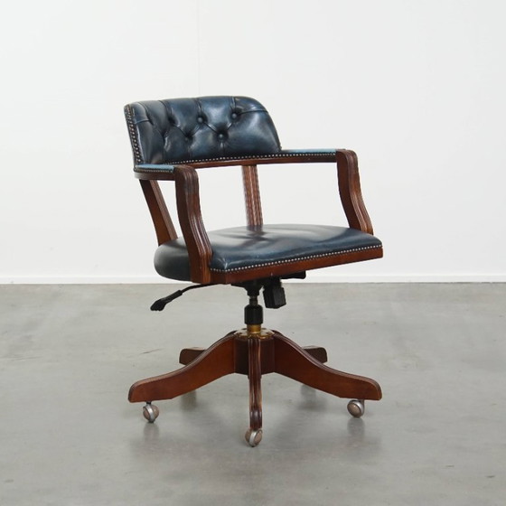 Image 1 of Blue cowhide leather and wood chesterfield office chair in English style
