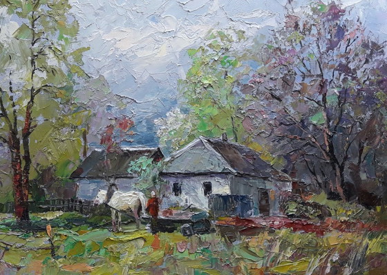 Origineel olieverfschilderij Landelijk landschap Dorpsleven Ouderlijk huis – Schilderijen & Tekeningen, Mdf (photo 5 of 5)