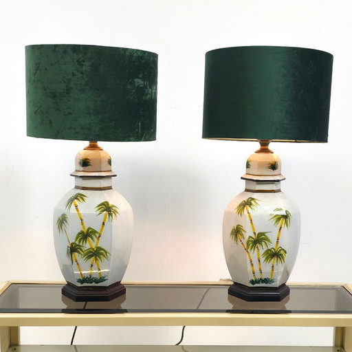 ceramic table lamps palm tree decor Hollywood Regency