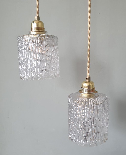Set van 2 Vintage hanglampen - crackle glass - textuur - midcentury design