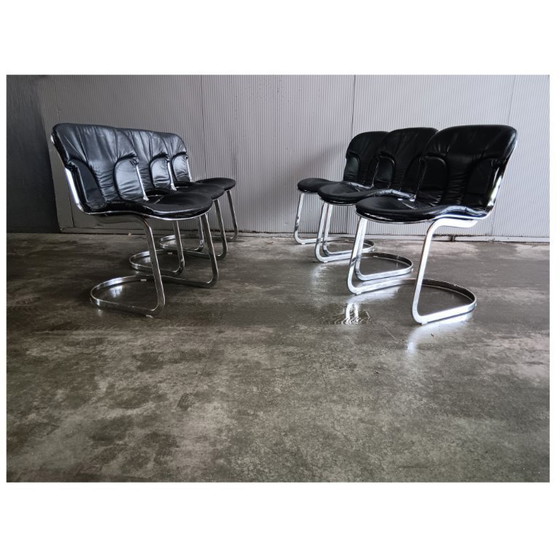 Image 1 of Willy Rizzo for Cidue - set of 6 Italian vintage chairs in black leather