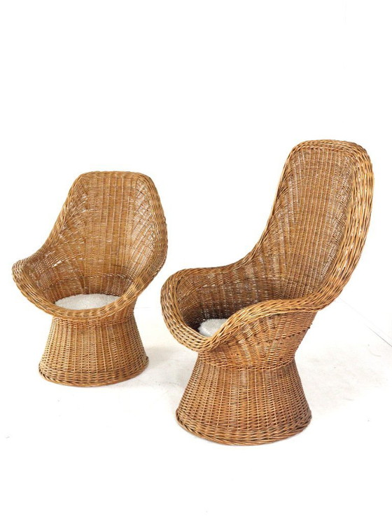 Image 1 of Set van 2 vintage rattan rotan stoelen fauteuils met kussentje