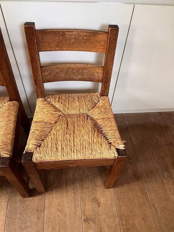 Houten butalistische stoelen set, Eetkamerstoelen, Rotan, Beige (foto 6 van 9)