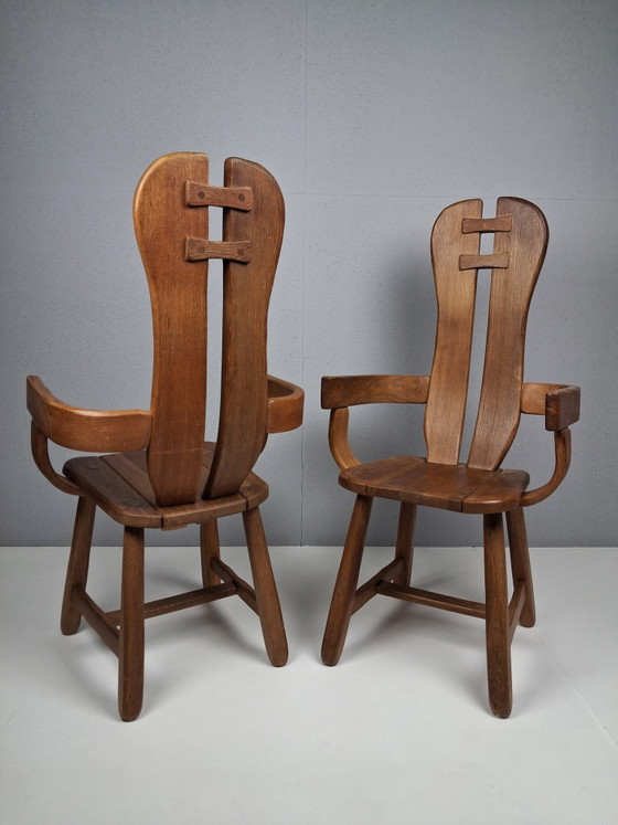 Set van 8 Vintage Brutalistische Stoelen De Puydt, Jaren 60 - 70 – Merk onbekend, Eetkamerstoelen, Wood (photo 5 of 10)