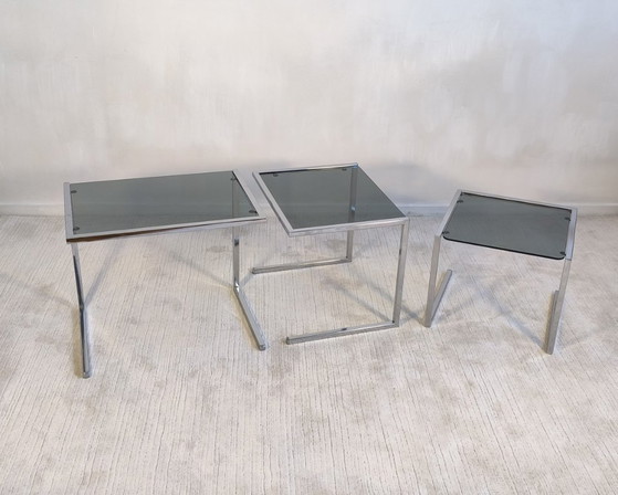 Image 1 of 😍✨ Set of 3 vintage chrome and smoked glass nesting tables, Roche Bobois / Guy Lefèvre style – 1970s ✨😍