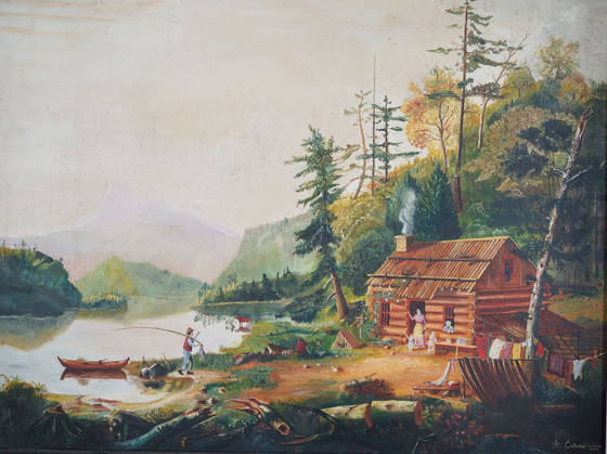 Image 1 of Peinture "The Angler's Return", design danois, années 1980, par A. Enkeshafi