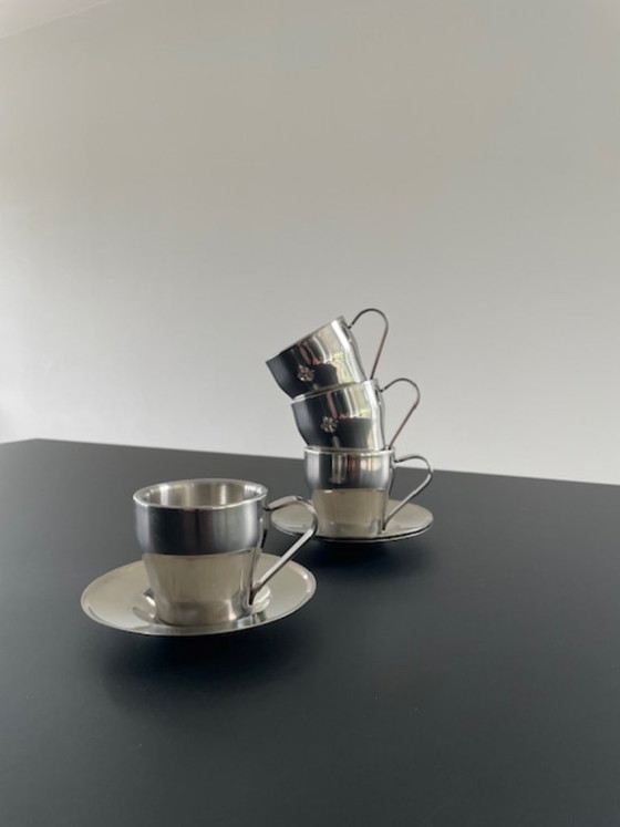 Image 1 of Set of 4 stainless steel espresso cups with saucers