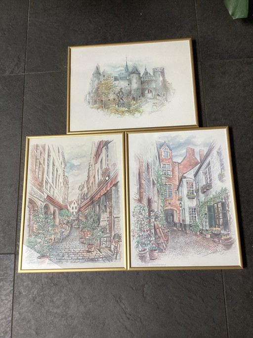 Splendido set di 3 vedute urbane della storica Anversa, catturate con atmosfera dall'artista Bernatte Vos.
