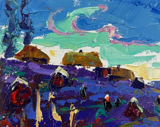 Image 1 of Original Oil Painting Summer Field Landscape Evening in the village