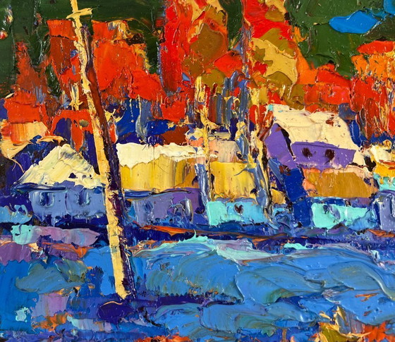 Image 1 of Original Oil Painting Sunset Village Landscape The sun sets quietly in silence