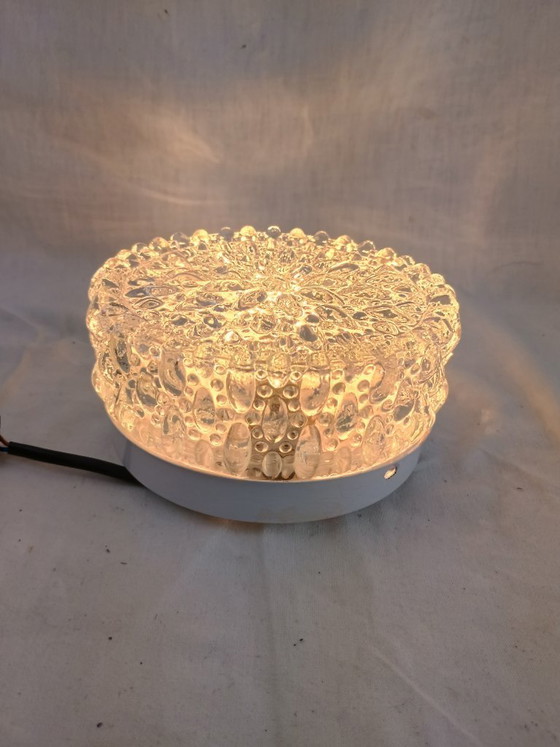 Image 1 of Vintage Glashütte Limburg 1960s Pressed Glass Ceiling Light - Textured Clear Glass Flush Mount Wall Sconce German Mid-Century