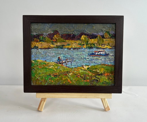 Original Oil Painting Summer River Landscape Sailing on the river