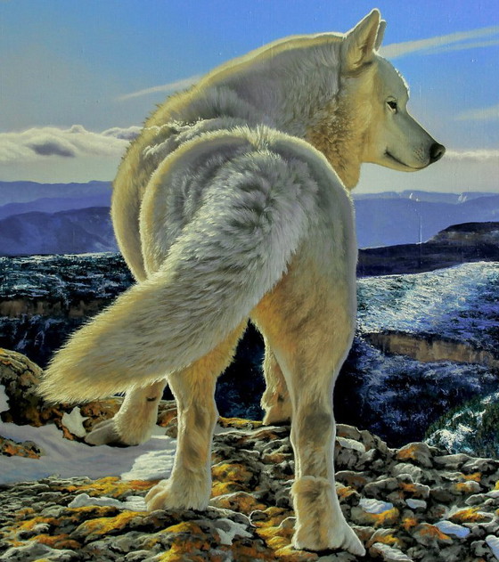 Original Oil Painting Animal Northern Wolf Breath of the Mountains – Paintings & Drawings, Canvas (photo 6 of 6)