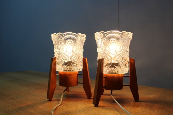 Image 1 of Pair Czech 1970s Wood and Yellow Glass Mid Century Table Lamps