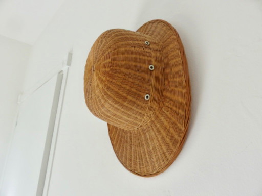 Cappello, elmetto coloniale, rattan, vimini, 1960, decorazione murale