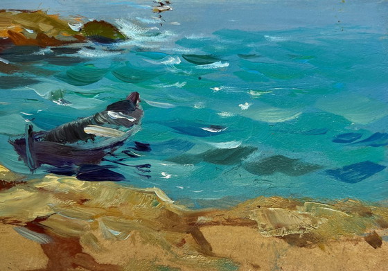 Image 1 of Original Oil Painting Coastal Landscape Admire the sunset at sea