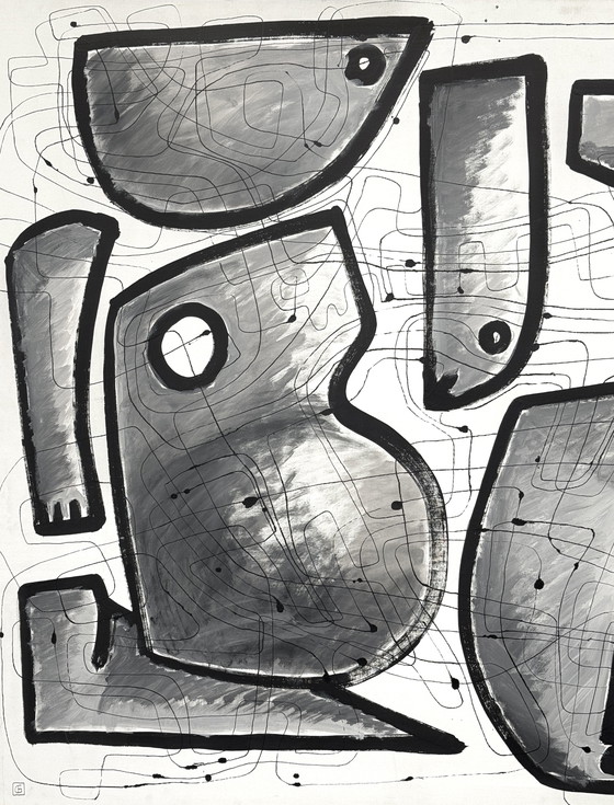 Image 1 of Gigantisch kubistisch schilderij op canvas "Interieurarchitectuur" 140 x 100 cm