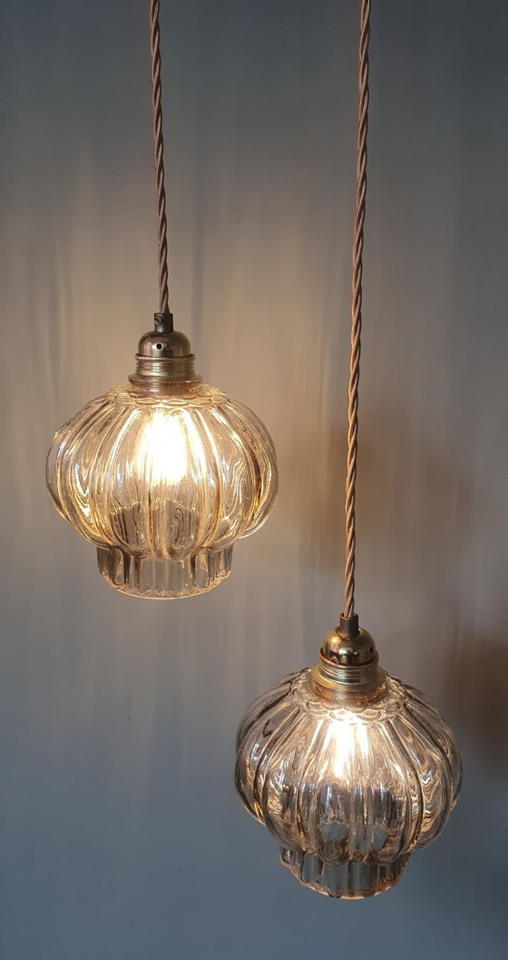 Image 1 of Set of two vintage floral pendant lamps in lantern shape. Mid Century