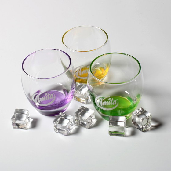 Set di 3 bicchieri da succo Amita vintage colorati / Grecia / anni 2000 – Amita Juice, Bicchieri e caraffe (photo 5 of 5)