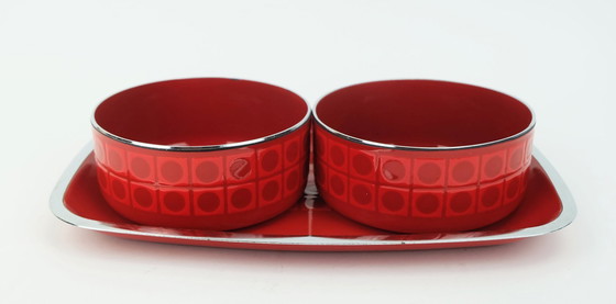 Image 1 of 2 ciotole e 1 piatto da portata silit rosso smalto metallo cromo motivo op art anni '70