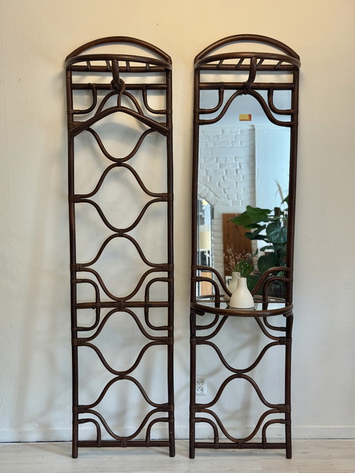 Vintage Rattan Wall Coat Rack Set 1970s