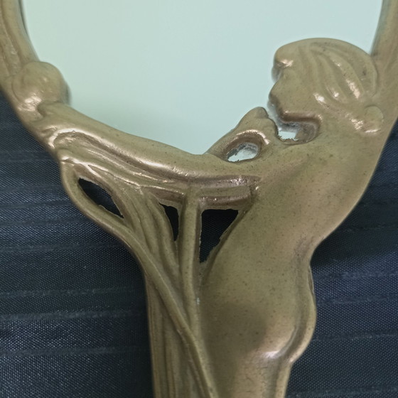 Vintage Art Nouveau Brass Hand Mirror with Female Figure, Bronze, Gold (photo 4 of 5)