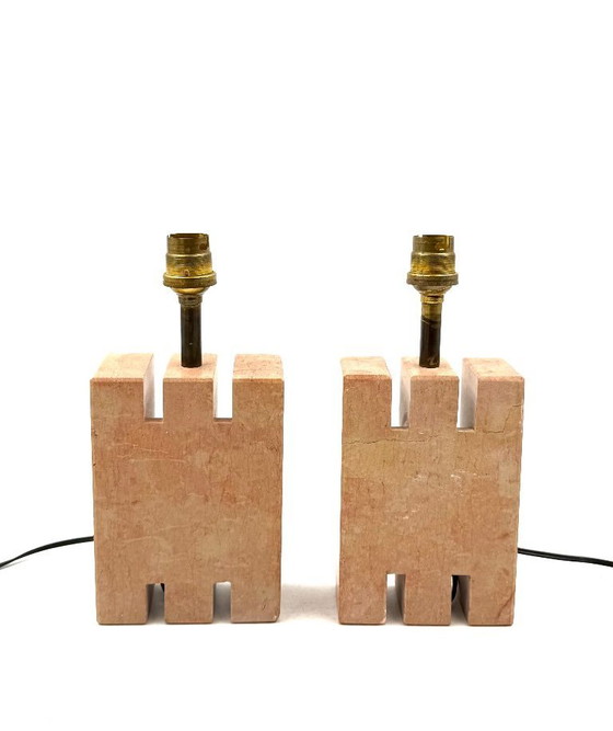 Image 1 of Juego de 2 lámparas de sobremesa de mármol rosa Hollywood regency, Francia años 70