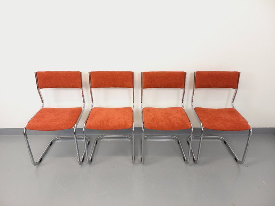 Image 1 of Suite of 4 vintage cantilever chairs in chromed metal and fabric from the 70s