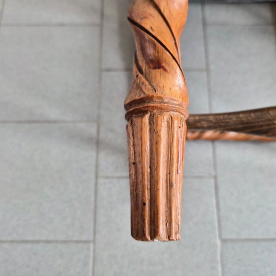 Image 1 of Handcrafted vintage chair from the 1950s in carved wood and velvet, 1950s folk art