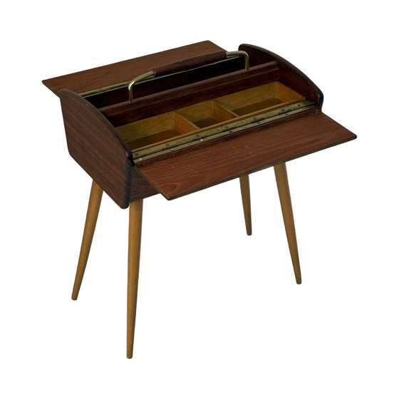 Image 1 of Teak wood - Vintage sewing box on tapered legs -  Scandinavian, Denmark, ca. 1960’s