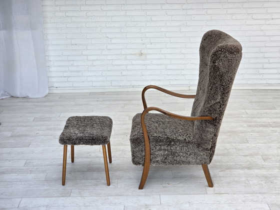 Image 1 of 1960s Reupholstered Danish Armchair with Stool, Genuine Sheepskin