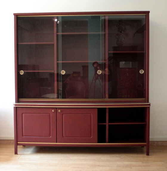 Image 1 of Buffet ou bibliothèque à double corps recouvert de similicuir bordeaux par Umberto Mascagni, années 1950