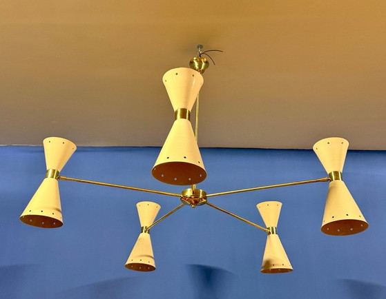 Stilnovo Diablo Chandelier, 1950s, Metal, Brass, Creme, Mid Century Modern (photo 2 of 6)