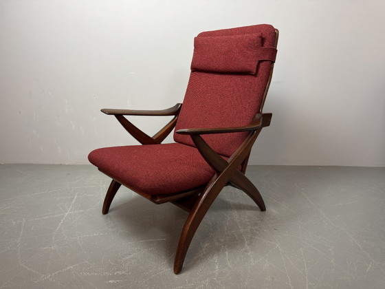 Image 1 of Mid-Century High Quality Teak Lounge Chair with Burgundy Red Fabric Upholstery Attributed to Topform, The Netherlands, 1960s.