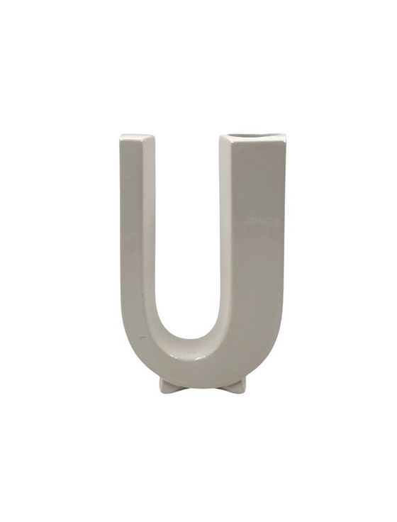 Image 1 of Space age white U letter shaped ceramic solifleur vase, Marcel Radureau ca. 1970