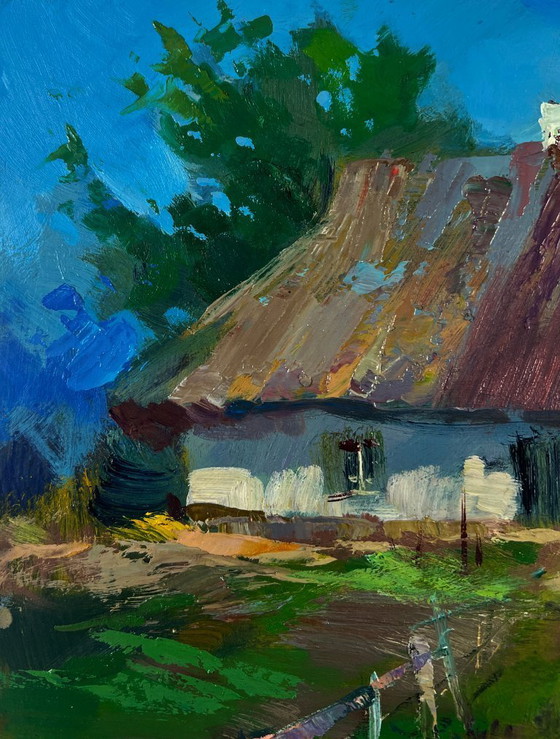 Image 1 of Original Oil Painting Rural Day Landscape Summer Village Life