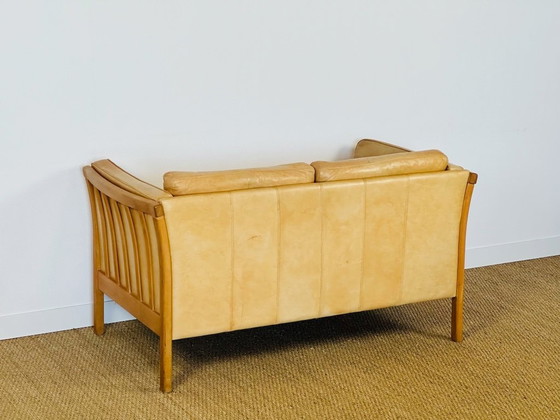 Image 1 of Vintage Scandinavian 2-seater sofa in beige leather and wood by Stouby, 1960s