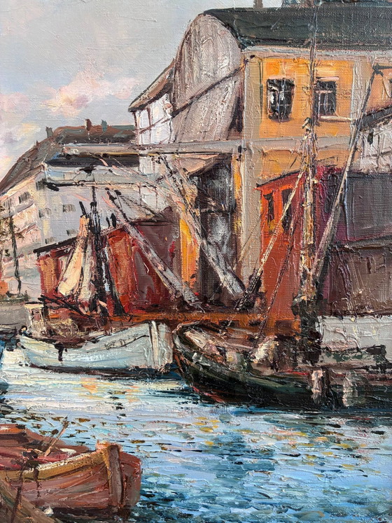 Image 1 of Peinture à l'huile originale d'époque représentant un paysage urbain bordé de canaux, datant des années 1970.