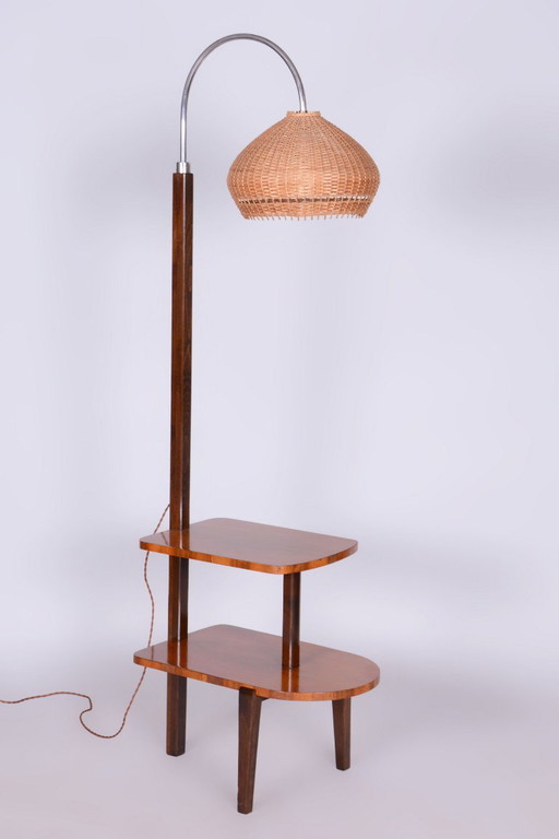 Restored Art Deco Floor Lamp, by J. Halabala for UP Závody, Walnut, Czech, 1930s – vloerlampen, Wood, Chrome