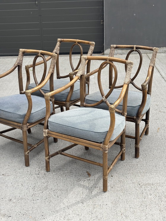 Image 1 of Set of 4 McGuire design rattan chairs with cushions – excellent condition