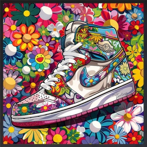 Image 1 of Treize : Nike Jordan par Takashi Murakami. Signé à la main et numéroté 6/10. Cadre en bois inclus. En excellent état.