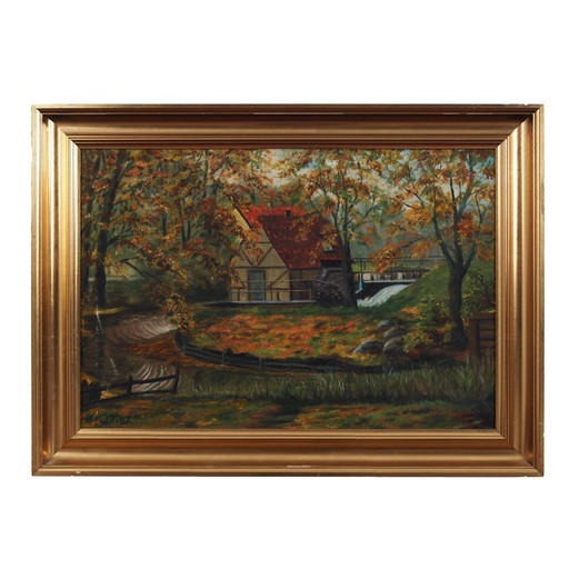 Peinture "The Forest Mill", design scandinave, années 1970, par C. May