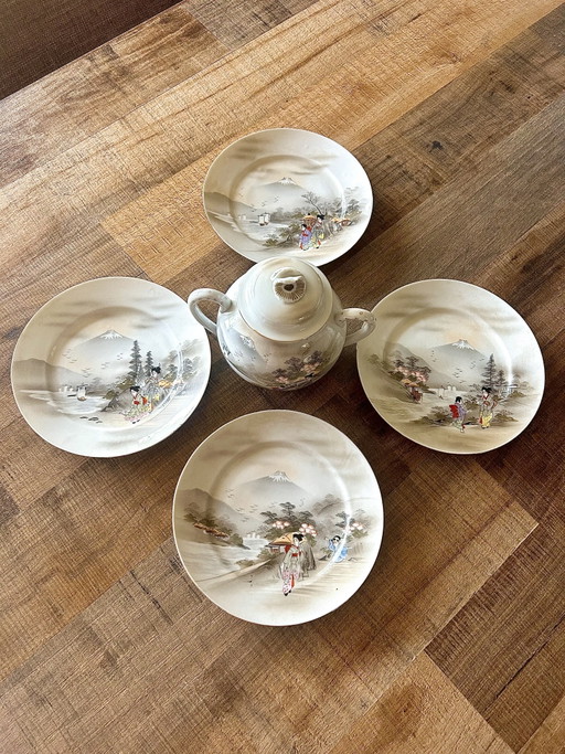 Vintage Japanisches Kutani Geisha Ware Set: 4 Teller & Zuckerdose, Mount Fuji Eierschalenporzellan, 1940er