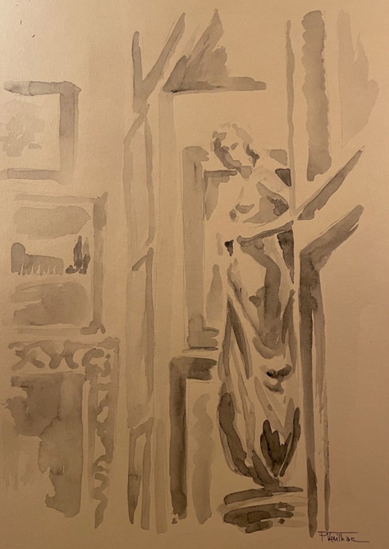 Image 1 of Monochrome sepia watercolor interior of the Sir John Soane Museum London