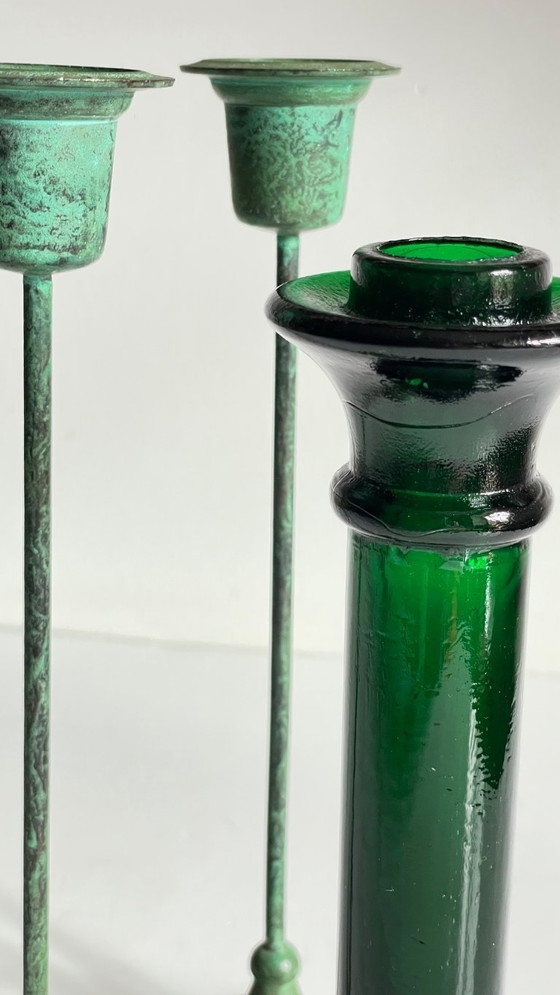 Image 1 of Vintage Glass and Metal Candle Holders Green