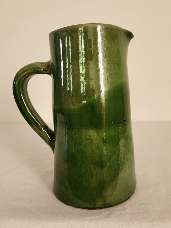 Image 1 of Large vintage green glazed ceramic pitcher