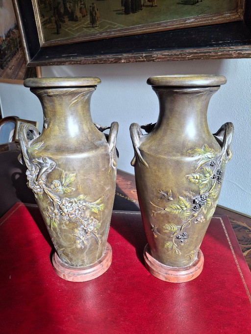 Pair of Art Nouveau spelter vases with triple patina, signed Louis and François Moreau